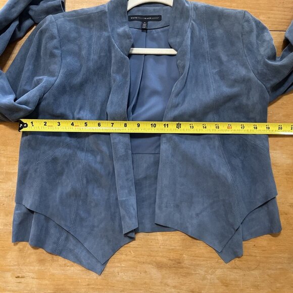 White House Black Market Open Drape Front dusty Blue Genuine Suede Jacket Sz S - Picture 6 of 10